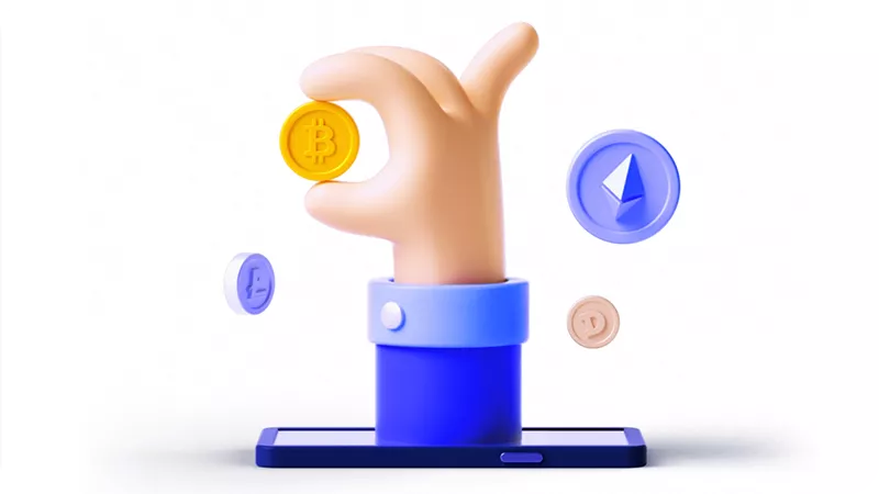 Crypto YouTube influencer marketing: a hand placing a Bitcoin coin into a phone with crypto icons