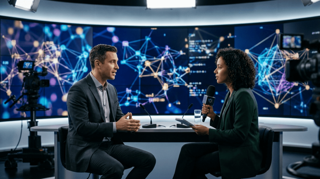 Crypto project founder giving media interview representing earned PR coverage and credibility building
