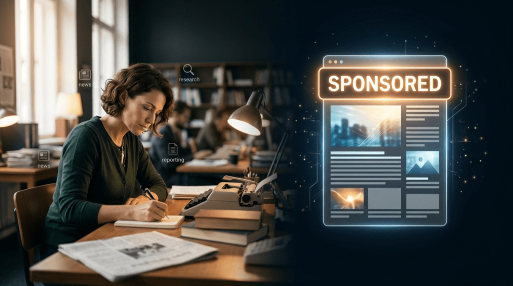 Visual contrast between earned editorial media coverage and sponsored content placement in crypto PR