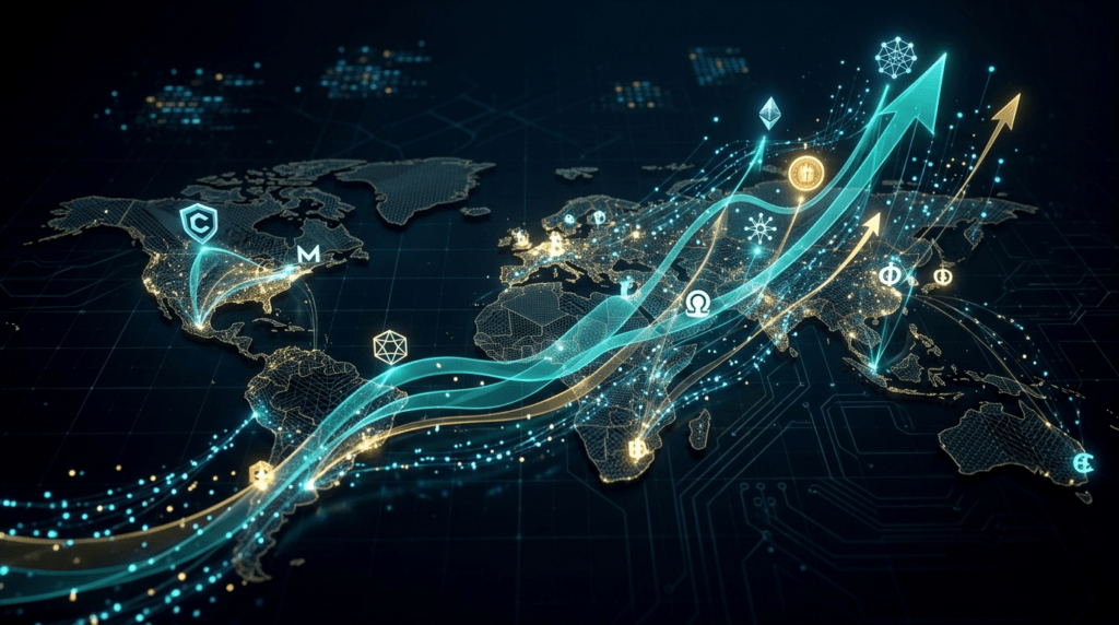 Crypto PR campaign global reach visualization showing multi-region media coverage growth