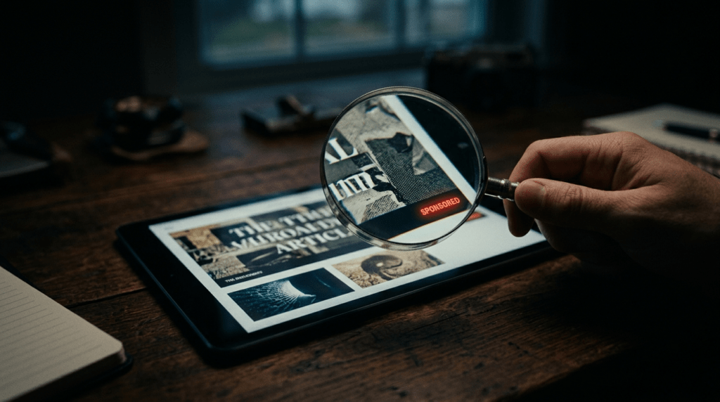 Discovering sponsored label on crypto PR placement revealing the difference between paid and earned media