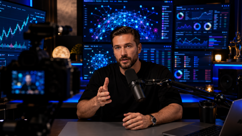 crypto KOL recording educational content with on-chain analytics dashboards showing kols in crypto campaign performance and wallet data