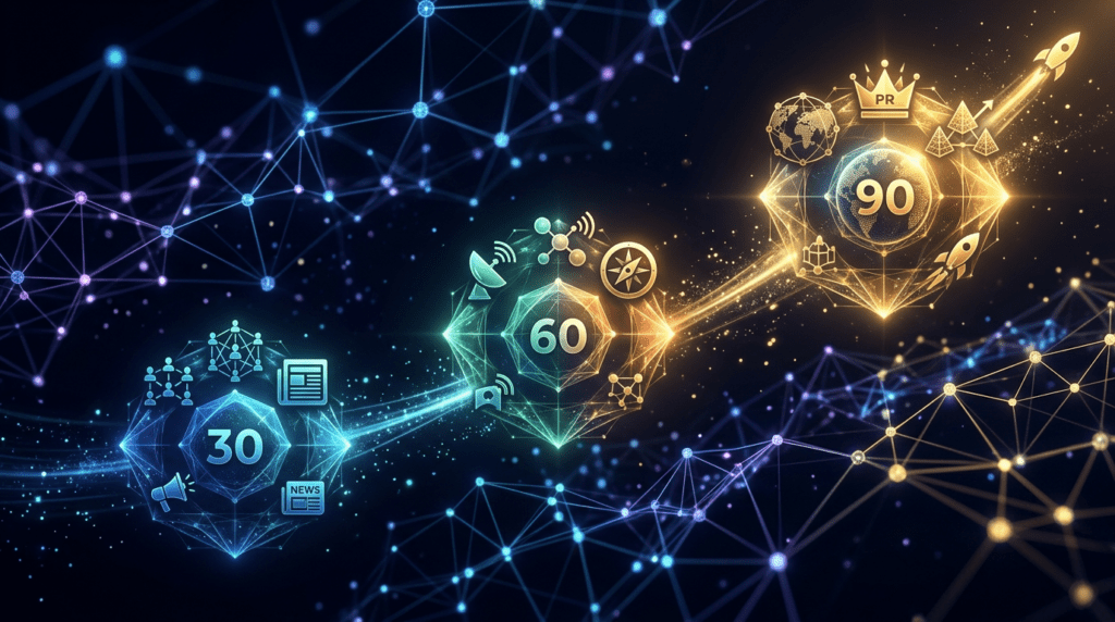 90-day crypto marketing agency roadmap showing foundation testing and scaling phases