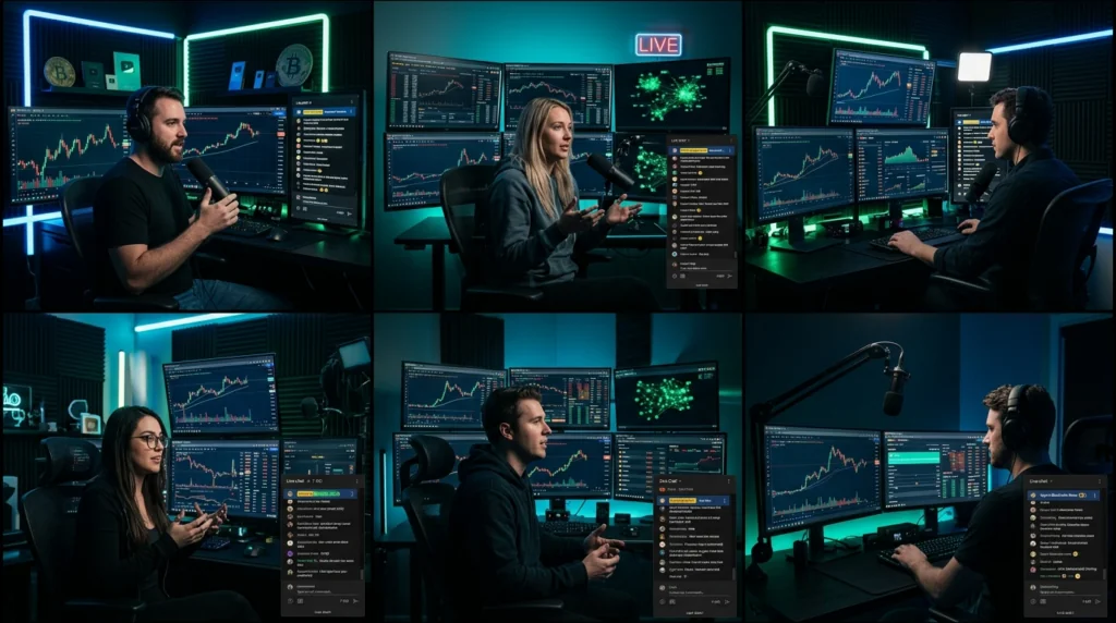 top crypto YouTubers at their workstations analyzing Bitcoin and DeFi markets in 2026
