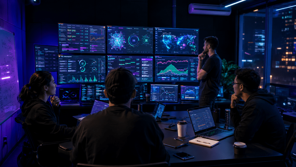cryptomarketing strategy war room — Web3 team managing community channels and on-chain analytics in 2026