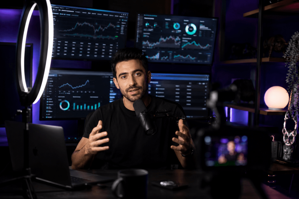 crypto KOL marketing — YouTuber reviewing Web3 protocol with on-chain wallet metrics and DeFi dashboards