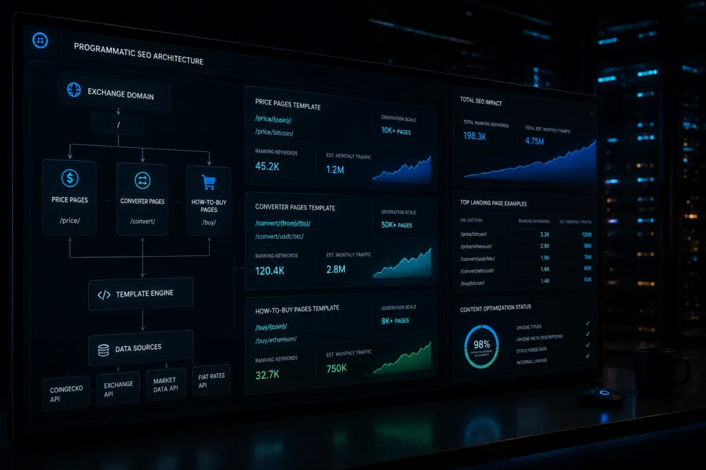 crypto exchange programmatic SEO architecture - price pages and converter pages driving organic exchange traffic