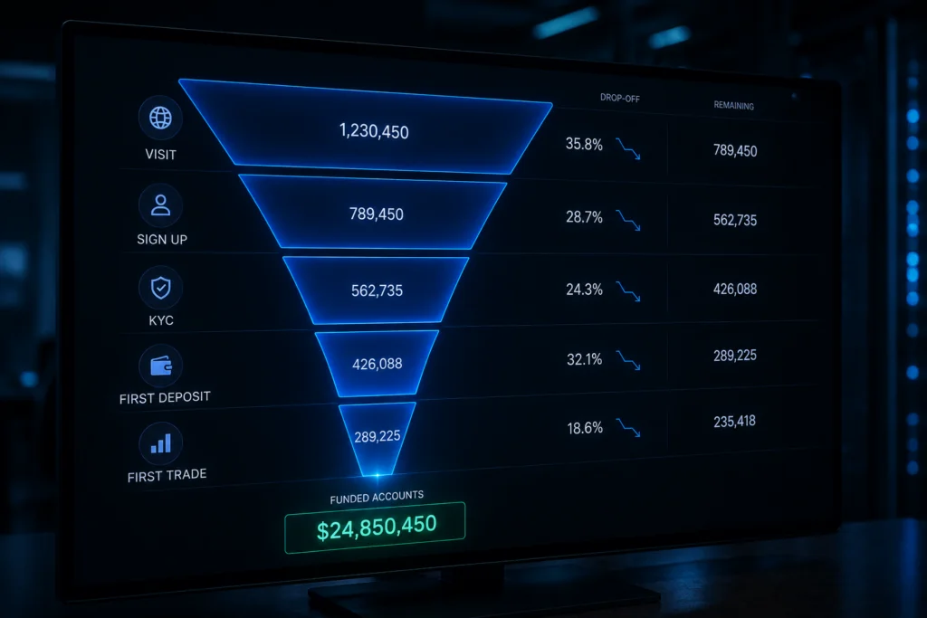 crypto exchange conversion funnel from website traffic to funded accounts - KYC completion, first deposit and active trader stages
