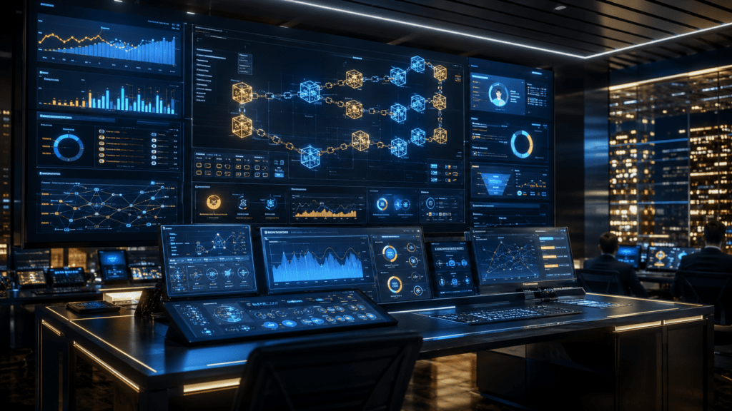 blockchain and digital marketing command center showing ad fraud prevention ZK targeting tokenized loyalty and on-chain attribution for brands in 2026