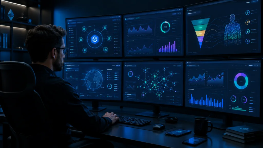 blockchain SEO agency dashboard showing SEO for blockchain dApp indexing YMYL compliance on-chain attribution and AI search visibility for cryptocurrency projects