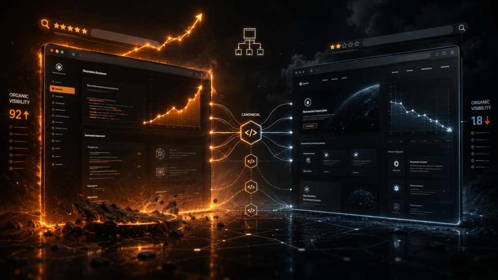 blockchain SEO docs cannibalization problem - documentation subdomain competing with commercial pages for cryptocurrency search rankings