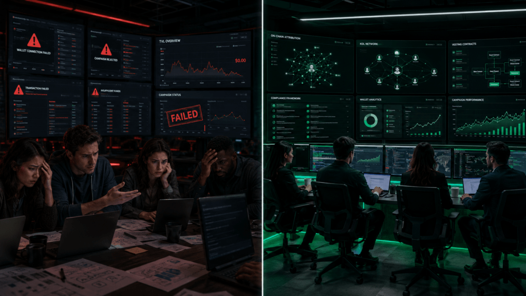 web2 agency failing at web3 marketing versus specialized web3 marketing company succeeding with on-chain attribution KOL campaigns and compliance for blockchain projects