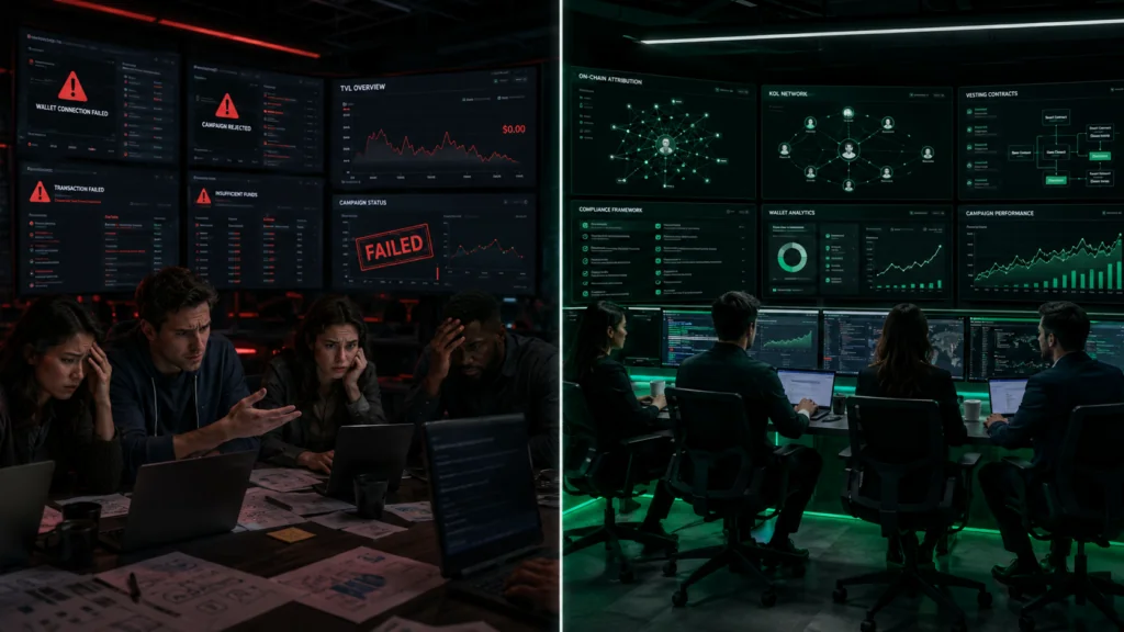 web2 agency failing at web3 marketing versus specialized web3 marketing company succeeding with on-chain attribution KOL campaigns and compliance for blockchain projects