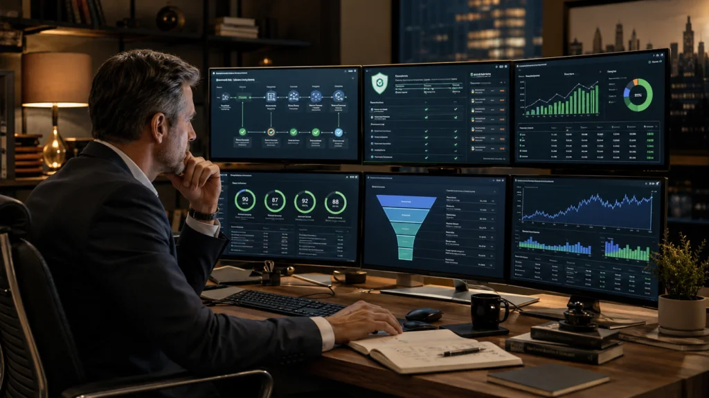 fintech marketing agency strategist analyzing compliance dashboards KYC attribution pipeline metrics and YMYL content performance for financial technology companies