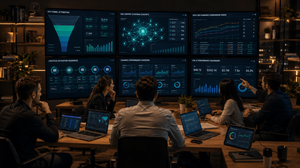 fintech digital marketing agency integrated command center showing KYC attribution GEO search citations BOFU content and CAC dashboards for fintech digital agency