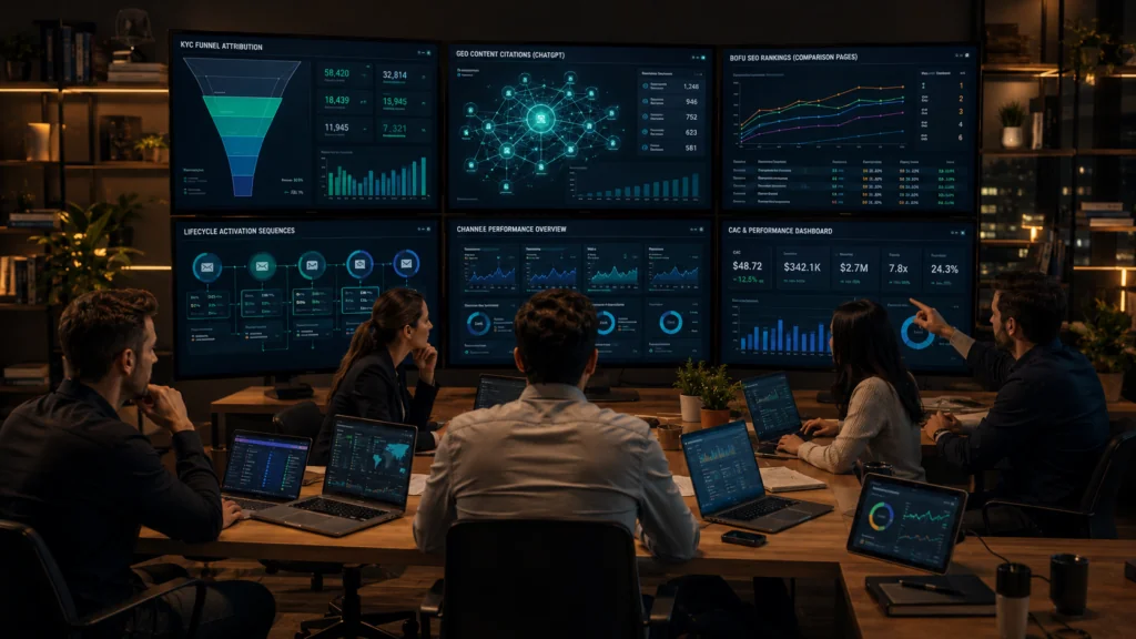 fintech digital marketing agency integrated command center showing KYC attribution GEO search citations BOFU content and CAC dashboards for fintech digital agency