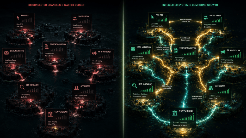 fintech digital marketing integrated system versus siloed channels showing how fintech agency connects SEO content PR and lifecycle to funded account conversions