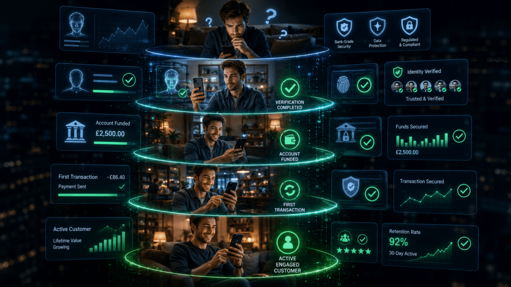 fintech digital marketing lifecycle activation journey from signup through KYC completion account funding first transaction to retained high-LTV fintech user