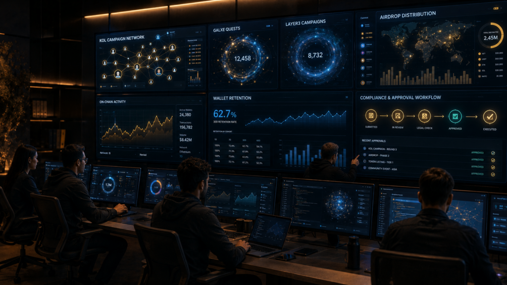 crypto promotion command center showing KOL campaigns quest platforms airdrop analytics wallet retention and compliance workflows for Web3 crypto promo