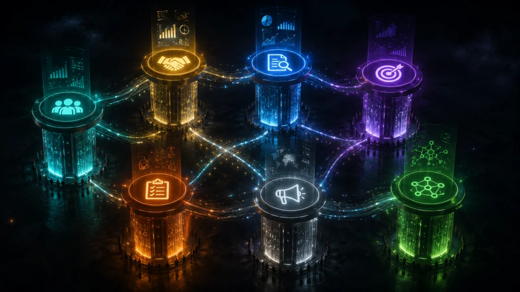 7 pillars of modern crypto promotion strategy showing community growth KOL partnerships SEO content paid advertising quest campaigns PR and on-chain attribution