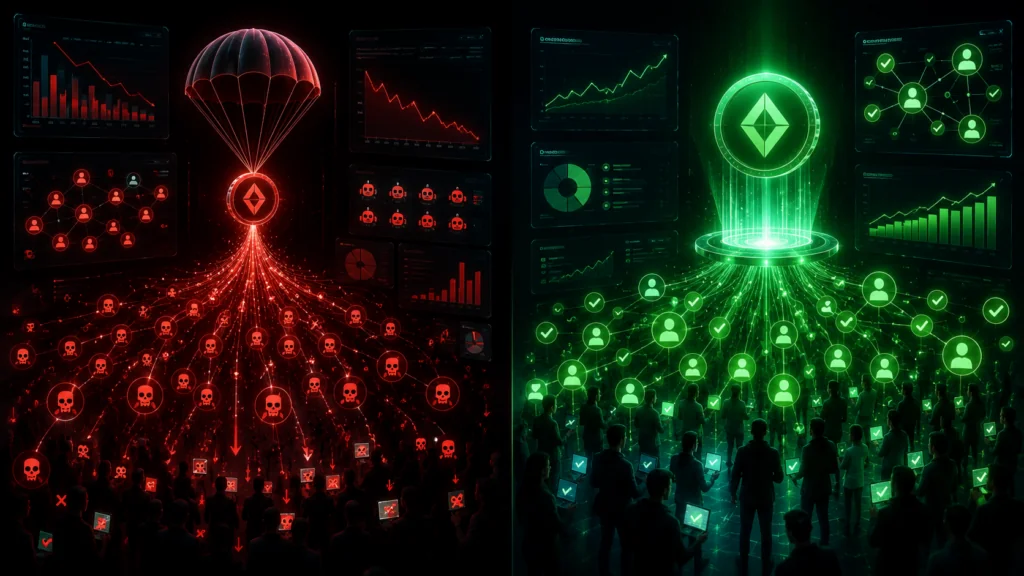 crypto airdrop comparison - failed blanket token distribution versus successful threshold-gated quest-based crypto promotion with 73 percent wallet retention
