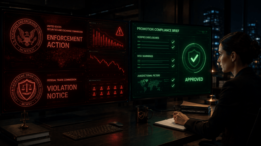 crypto promotion compliance - SEC FTC enforcement risk versus compliant crypto promo with verified disclosures risk warnings and MiCA jurisdictional filters