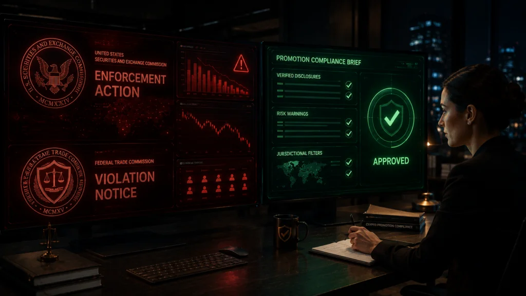 crypto promotion compliance - SEC FTC enforcement risk versus compliant crypto promo with verified disclosures risk warnings and MiCA jurisdictional filters