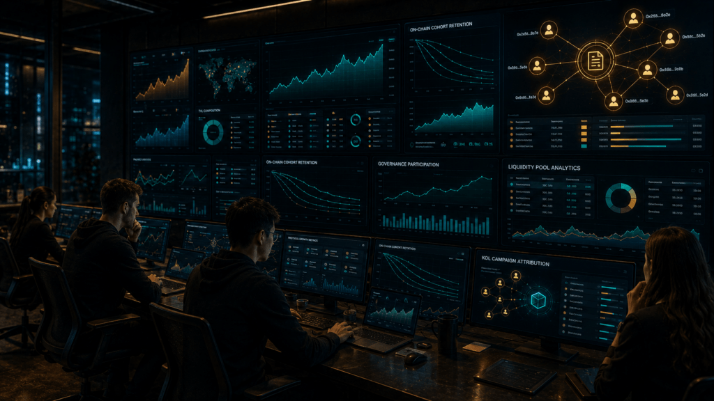 DeFi marketing agency command center showing TVL growth dashboards wallet cohort retention governance participation and on-chain attribution for DeFi marketing services