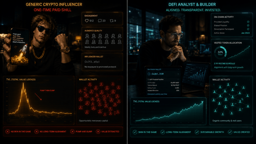 DeFi KOL marketing comparison showing one-off paid posts versus equity-aligned vested KOL partnerships driving sustained TVL growth for DeFi marketing agency strategy