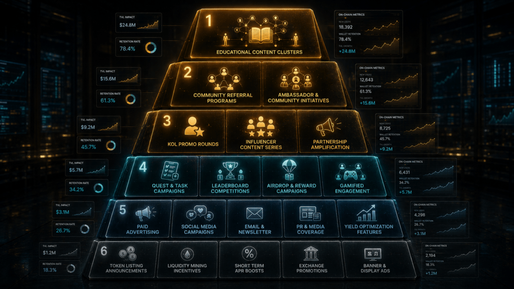 90-day DeFi marketing roadmap showing strategy foundation KOL launch quest campaign and TVL optimization phases for DeFi marketing agency and services
