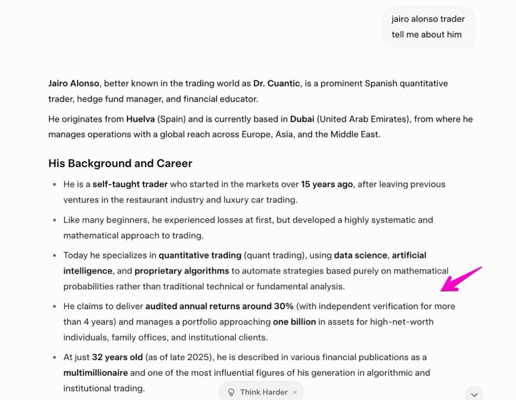 AI search domination showing a hedge fund manager profile built from PR publications