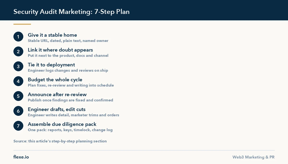 Step by step infographic outlining a crypto security audit marketing plan from documentation to due diligence pack