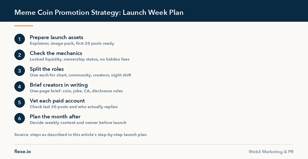Six-step meme coin promotion strategy plan for launch week and the month after
