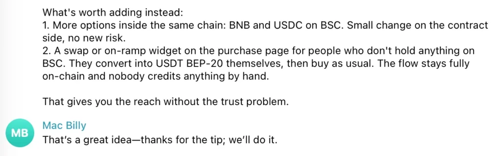 BattleTown team replying to Flexe.io advice on adding BNB and USDC on BSC plus a swap or on-ramp widget: great idea, we will do it