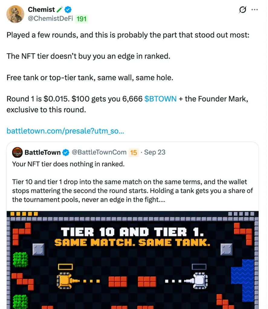 ChemistDeFi quote post explaining that the BattleTown NFT tier gives no edge in ranked matches