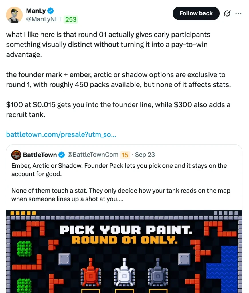 ManLyNFT quote post on BattleTown round 1 Founder Pack paints that change looks but never stats