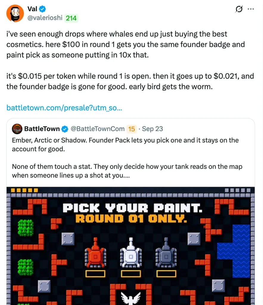 valerioshi quote post on BattleTown round 1 founder badge and paint pick at $0.015 per token