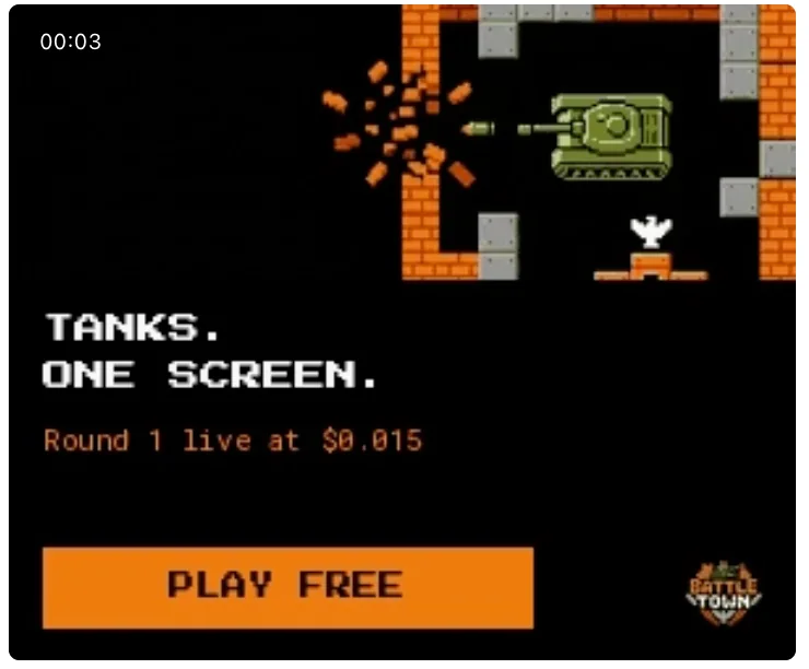 Frame of a BattleTown GIF banner from the Web2 A/B test: Tanks. One screen. Round 1 live at $0.015, Play free