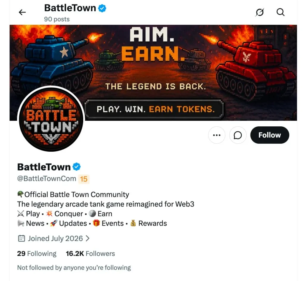 BattleTown X profile before the GameFi KOL campaign: 16.2K followers and 90 posts