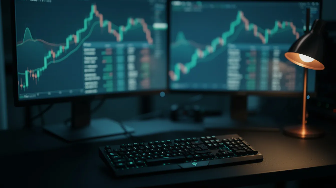 Two monitors at night showing candlestick charts and token pair lists, the view a dex screener gives traders